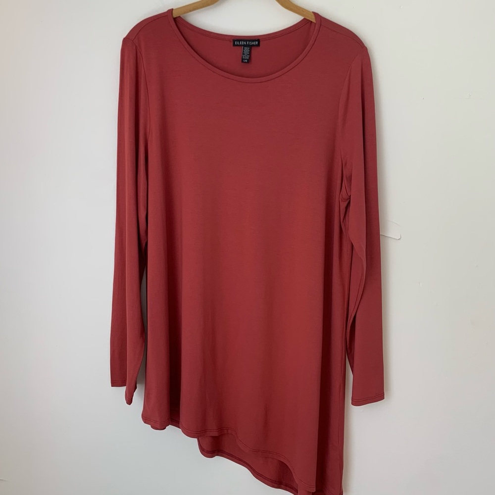 Eileen Fisher Signature Asymmetrical Rust Brown Tunic Large Long Sleeve Fall